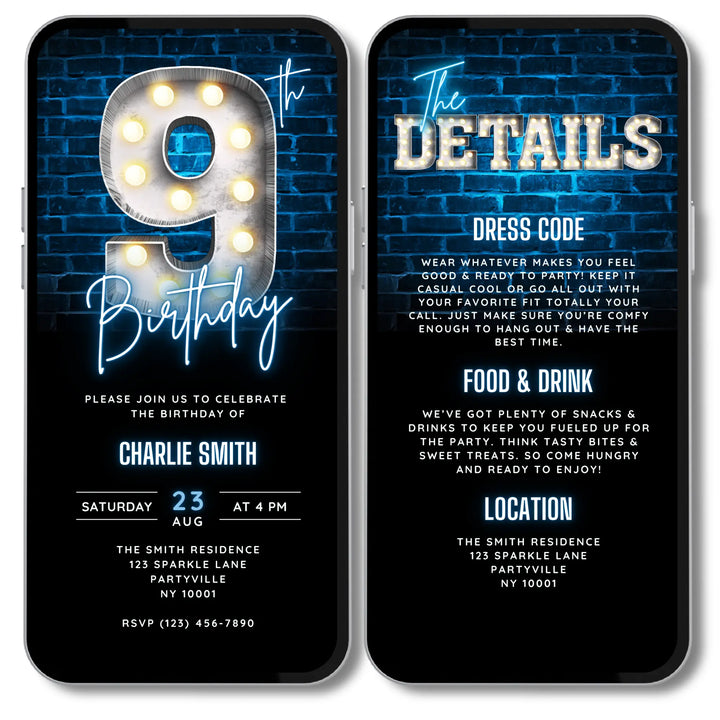 Blue 9th Birthday Invitation | Boys Bday Video Invite | Digital Editable Canva Template