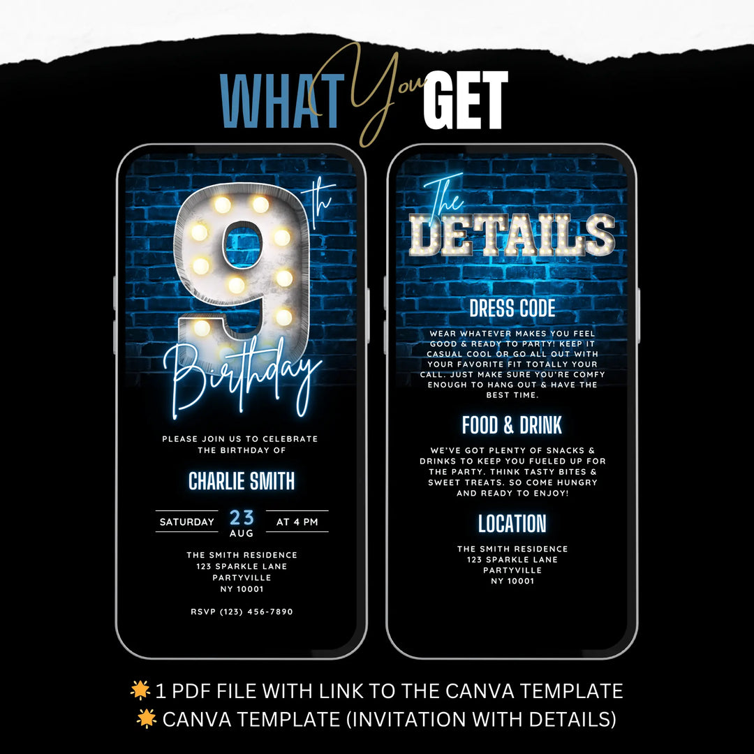 Blue 9th Birthday Invitation | Boys Bday Video Invite | Digital Editable Canva Template