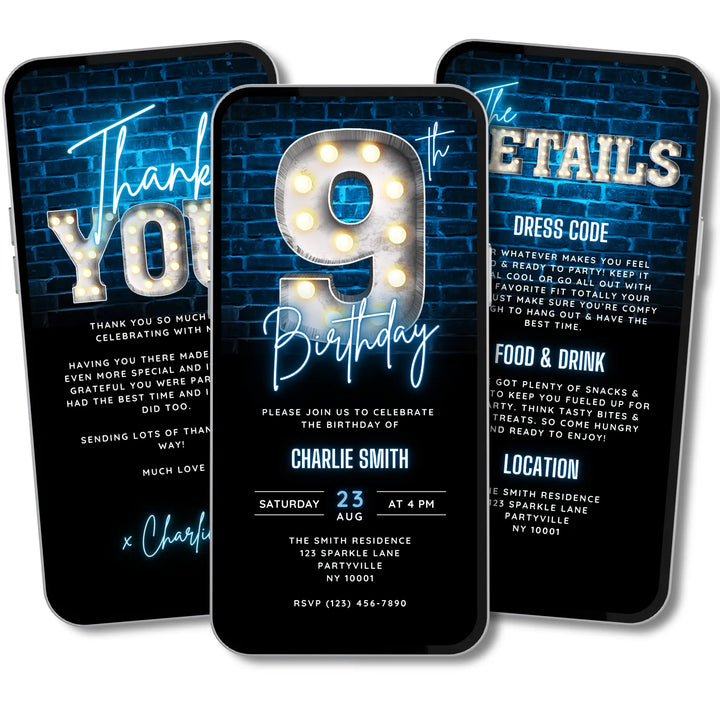 Boys Blue 9th Birthday Invitation | Digital Neon Bday Party Invite | Editable Canva Template