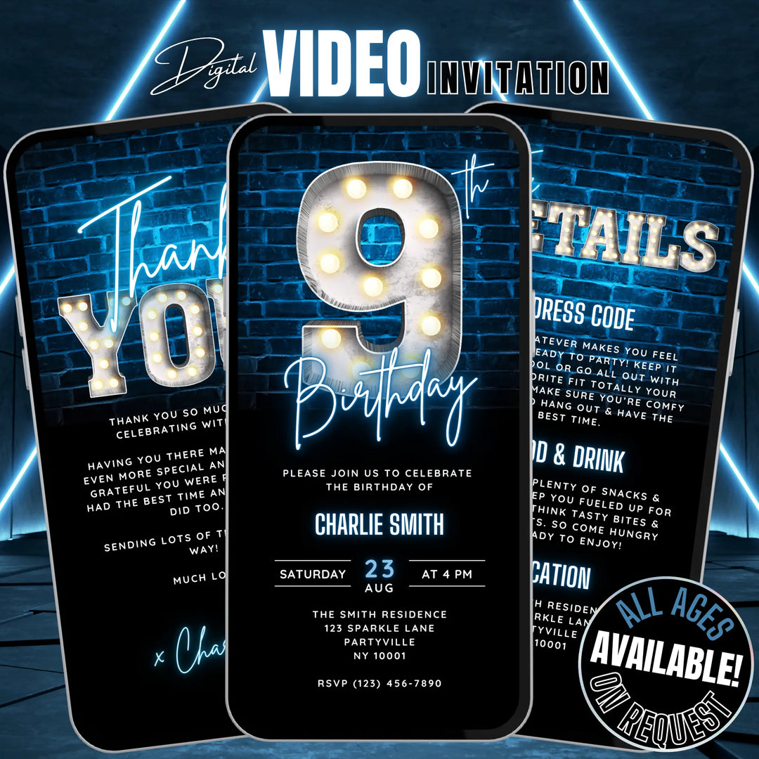 Boys Blue 9th Birthday Invitation | Digital Neon Bday Party Invite | Editable Canva Template