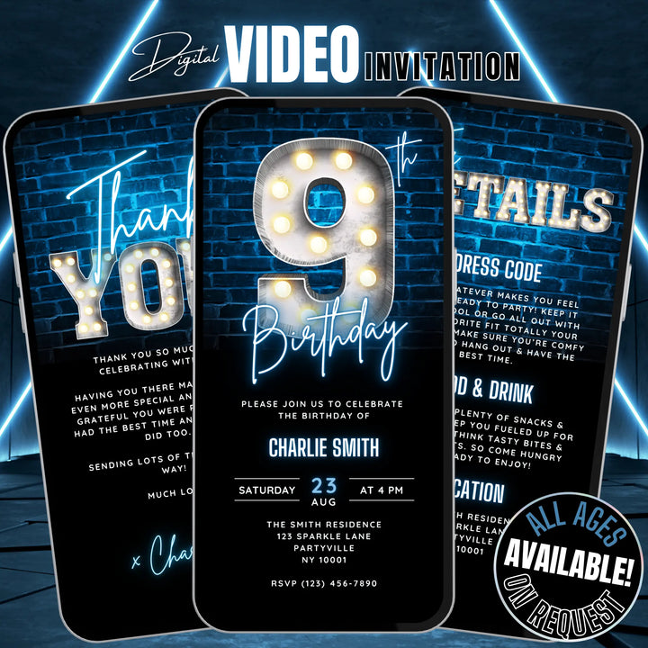 Boys Blue 9th Birthday Invitation | Digital Neon Bday Party Invite | Editable Canva Template