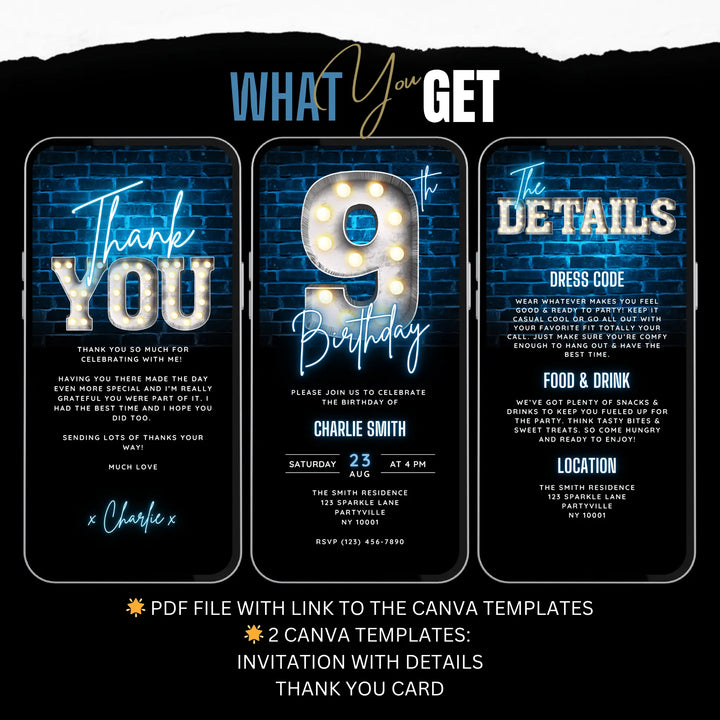 Boys Blue 9th Birthday Invitation | Digital Neon Bday Party Invite | Editable Canva Template