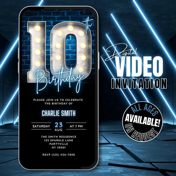 Neon Blue 10th Birthday Invitation | Boys Birthday Party Invite | Digital Editable Canva Template