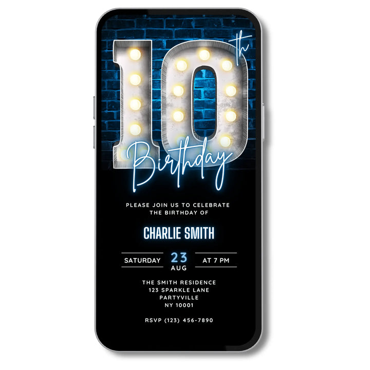 Neon Blue 10th Birthday Invitation | Boys Birthday Party Invite | Digital Editable Canva Template