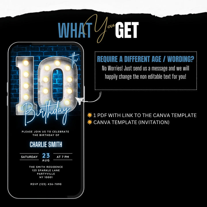 Neon Blue 10th Birthday Invitation | Boys Birthday Party Invite | Digital Editable Canva Template