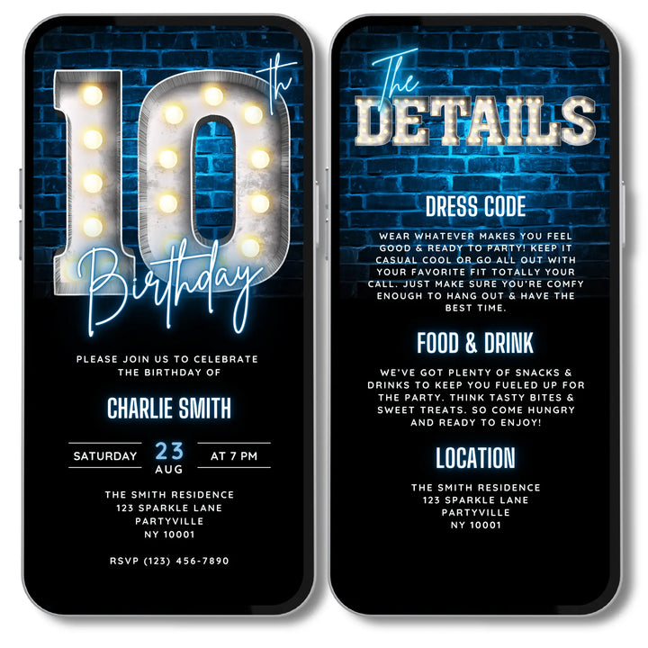 Neon Blue 10th Birthday Invitation | Boys Bday Party Invite | Digital Editable Canva Template
