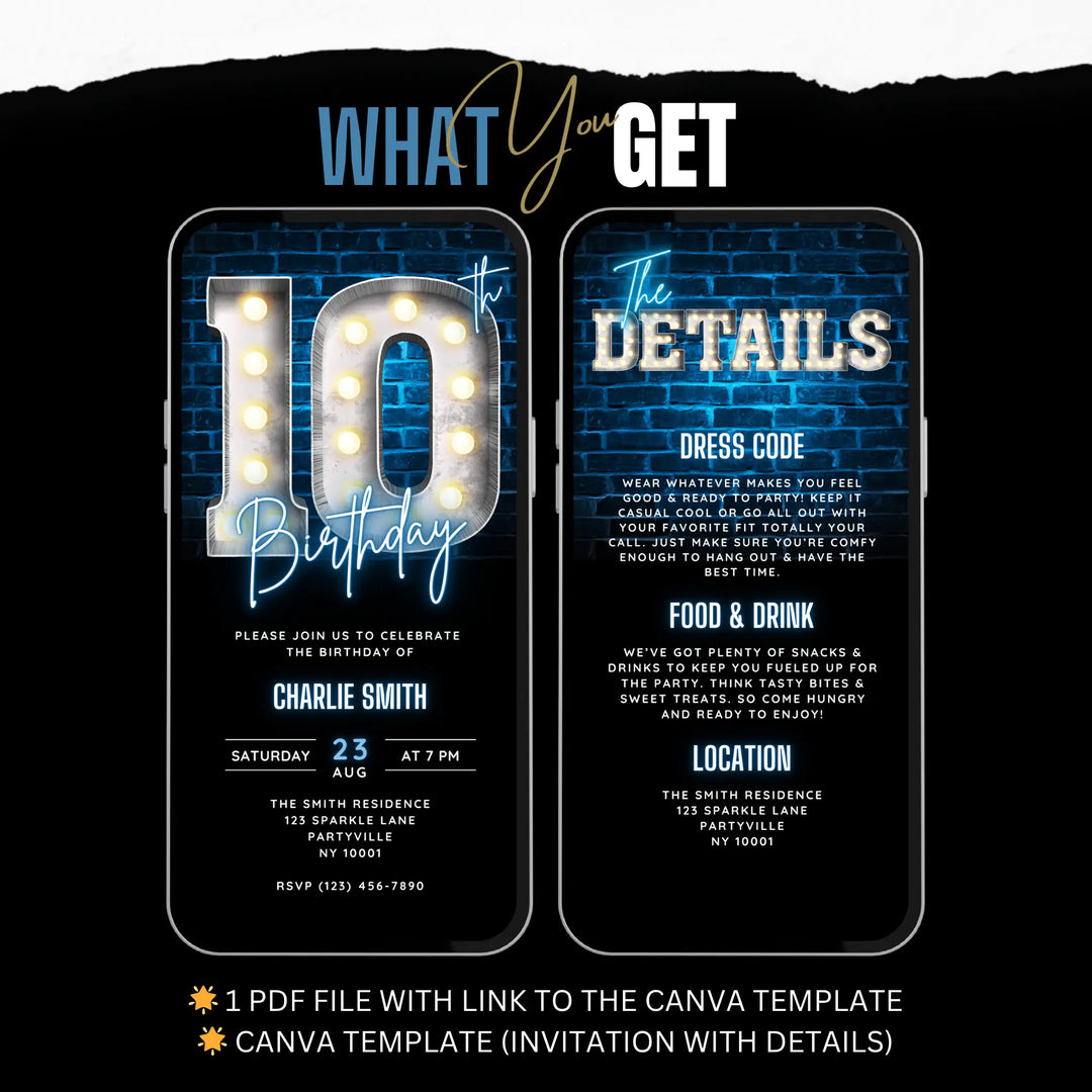 Neon Blue 10th Birthday Invitation | Boys Bday Party Invite | Digital Editable Canva Template
