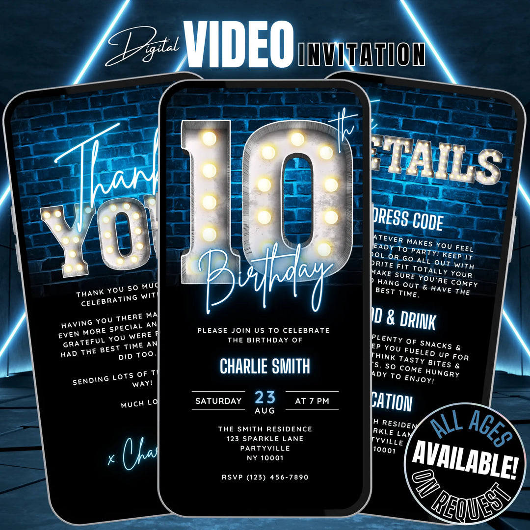 Neon Blue 10th Birthday Invitation | Digital Party Invite for Kids | Editable Canva Template
