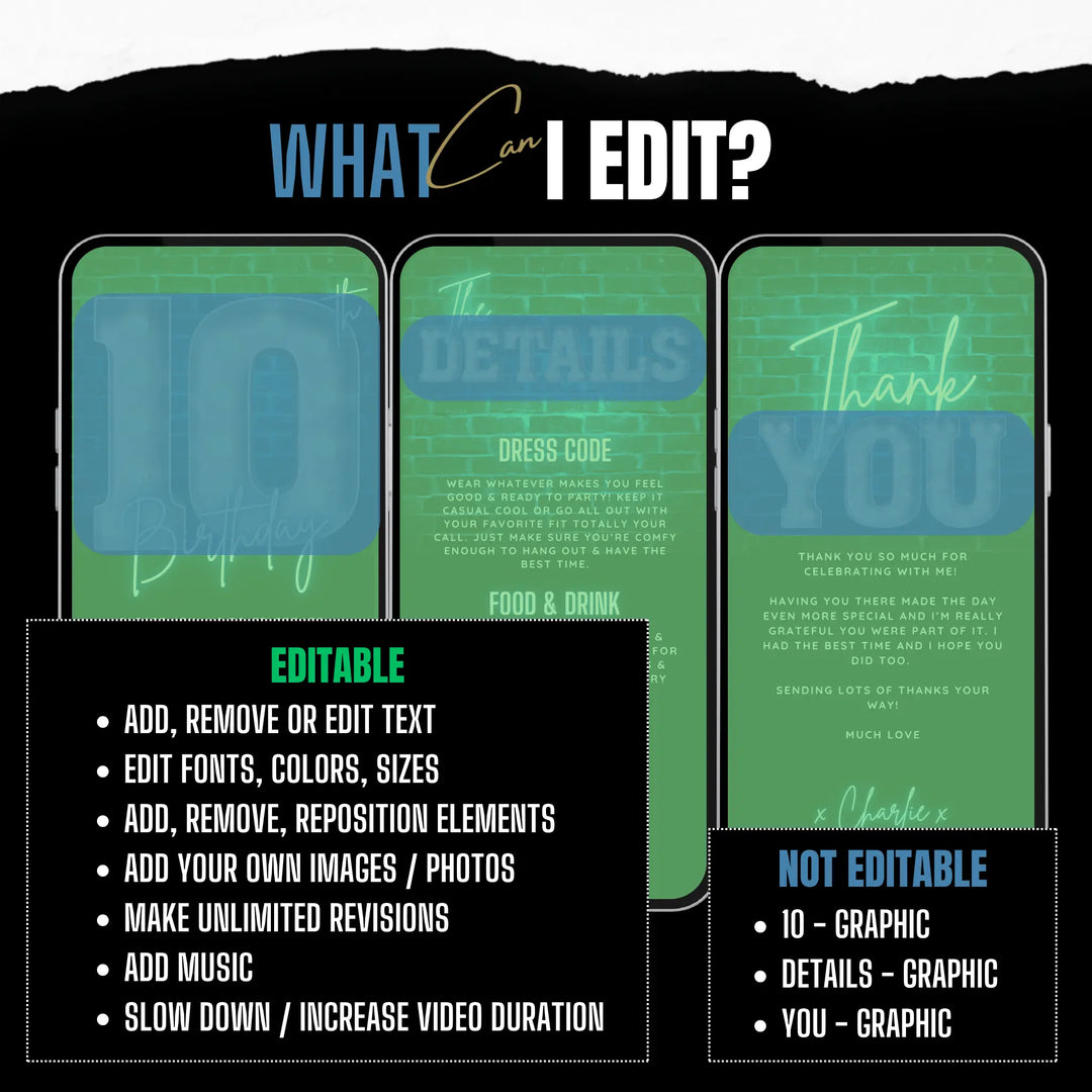 Neon Blue 10th Birthday Invitation | Digital Party Invite for Kids | Editable Canva Template