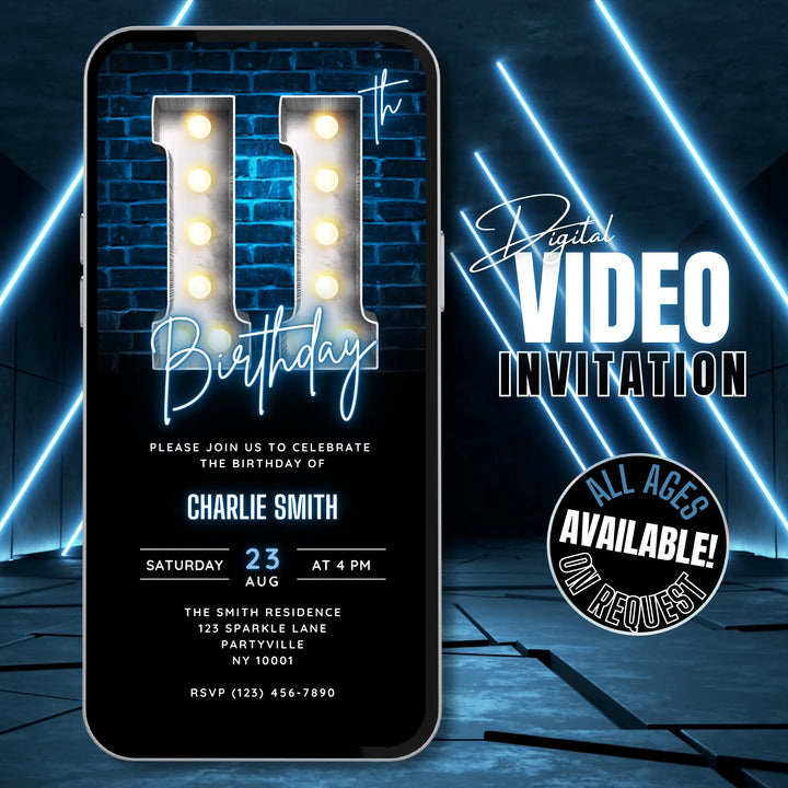 Boys 11th Birthday Invitation | Blue Birthday Party Invite | Digital Editable Canva Template