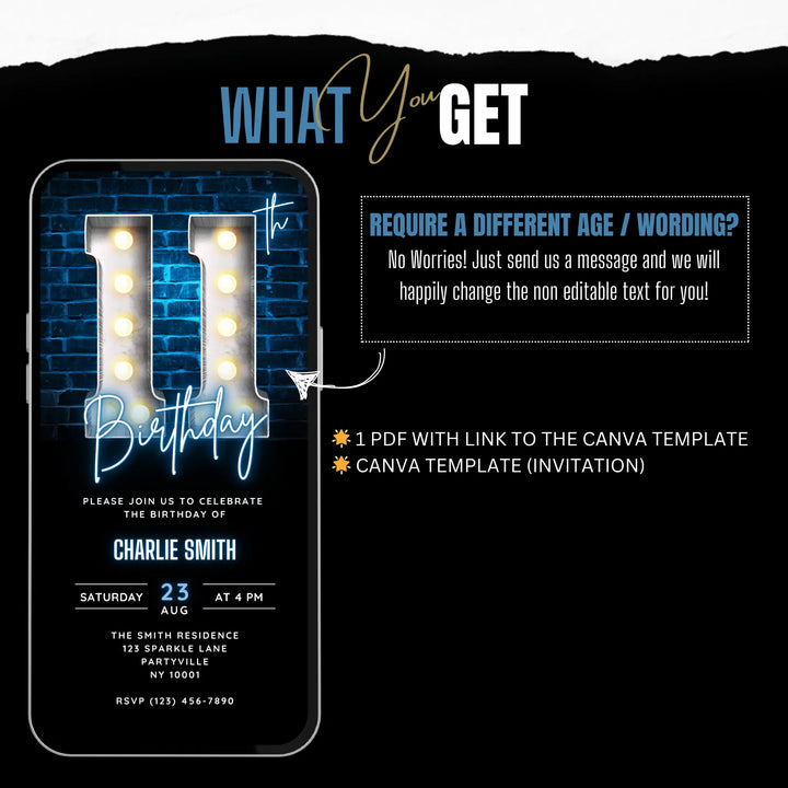 Boys 11th Birthday Invitation | Blue Birthday Party Invite | Digital Editable Canva Template