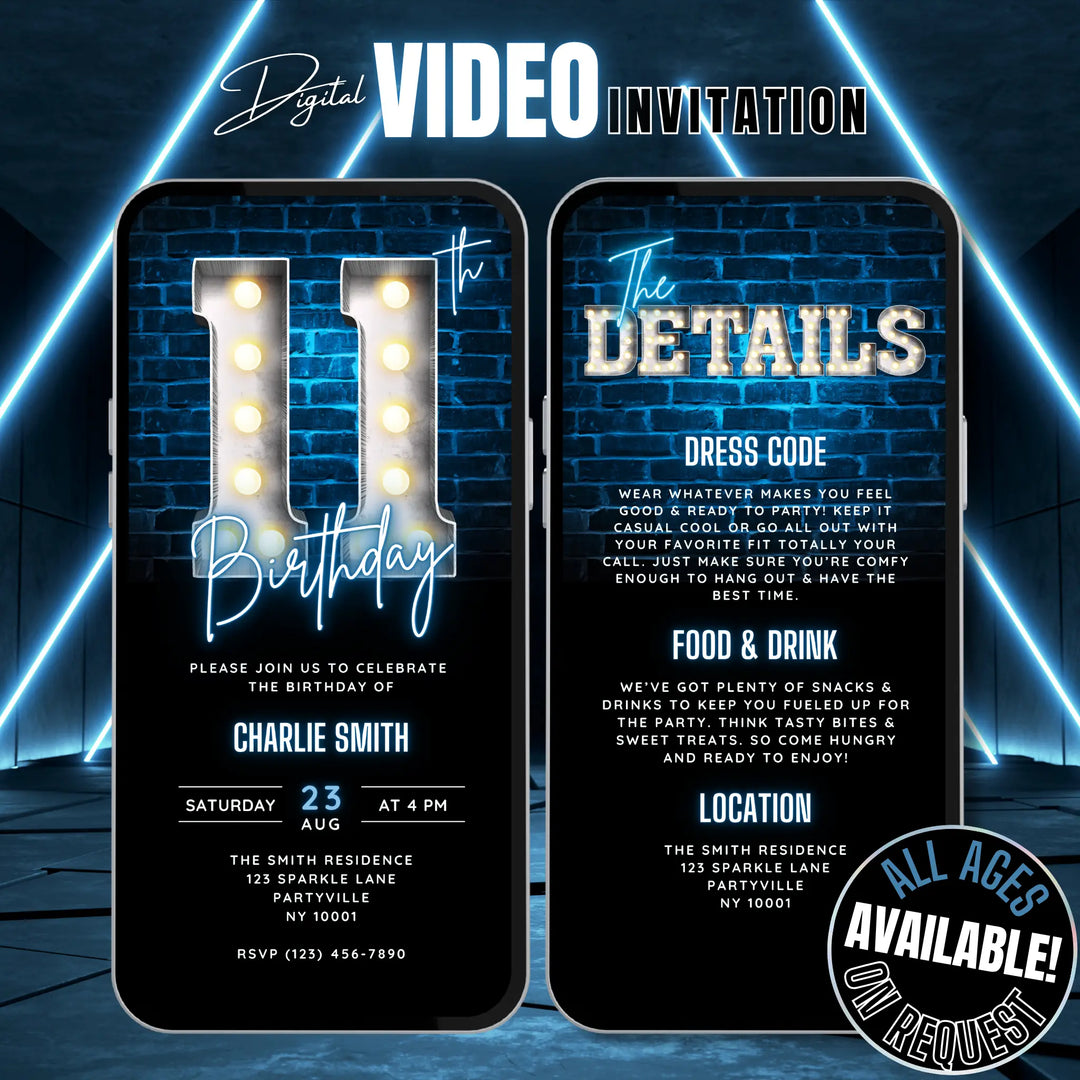 Blue 11th Birthday Invitation | 11 Year Old Party Invite | Digital Editable Canva Template
