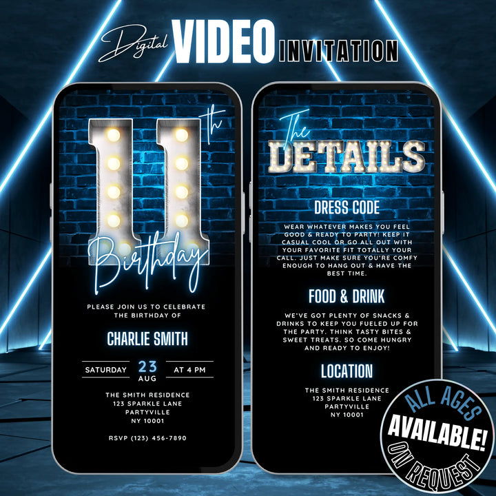 Blue 11th Birthday Invitation | 11 Year Old Party Invite | Digital Editable Canva Template