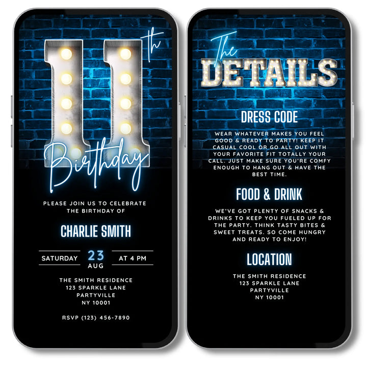 Blue 11th Birthday Invitation | 11 Year Old Party Invite | Digital Editable Canva Template
