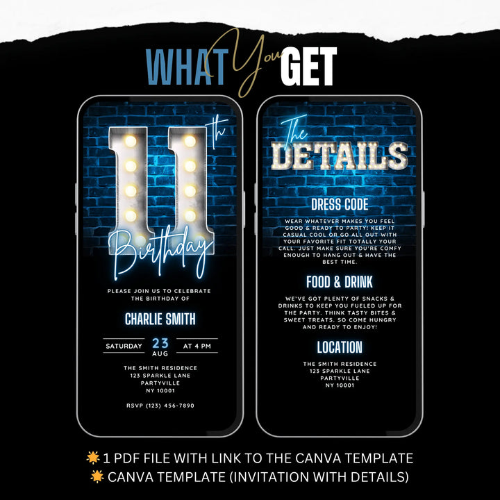 Blue 11th Birthday Invitation | 11 Year Old Party Invite | Digital Editable Canva Template