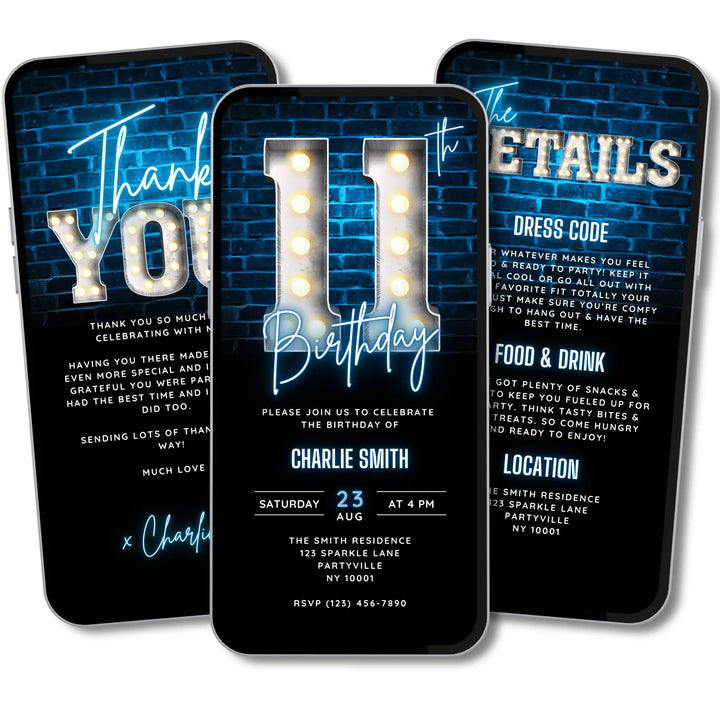 Neon Blue 11th Birthday Invitation | Digital Party Invite for Kids | Editable Canva Template