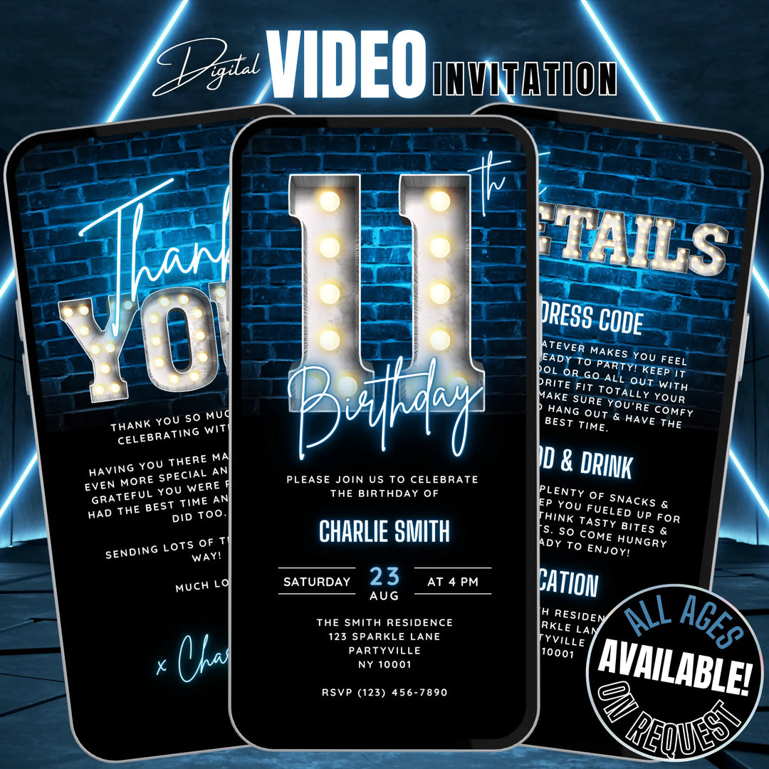 Neon Blue 11th Birthday Invitation | Digital Party Invite for Kids | Editable Canva Template