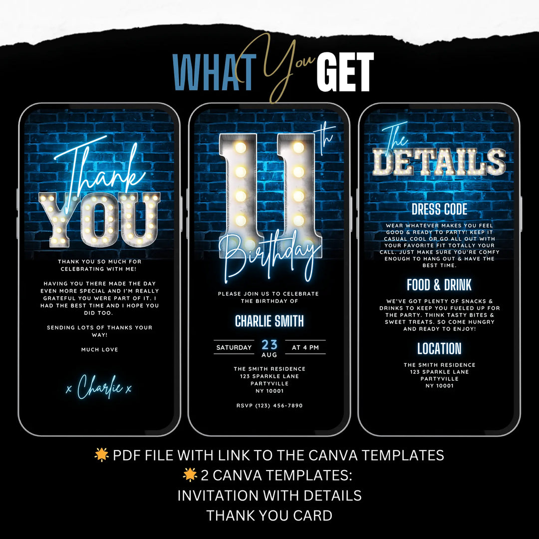 Neon Blue 11th Birthday Invitation | Digital Party Invite for Kids | Editable Canva Template