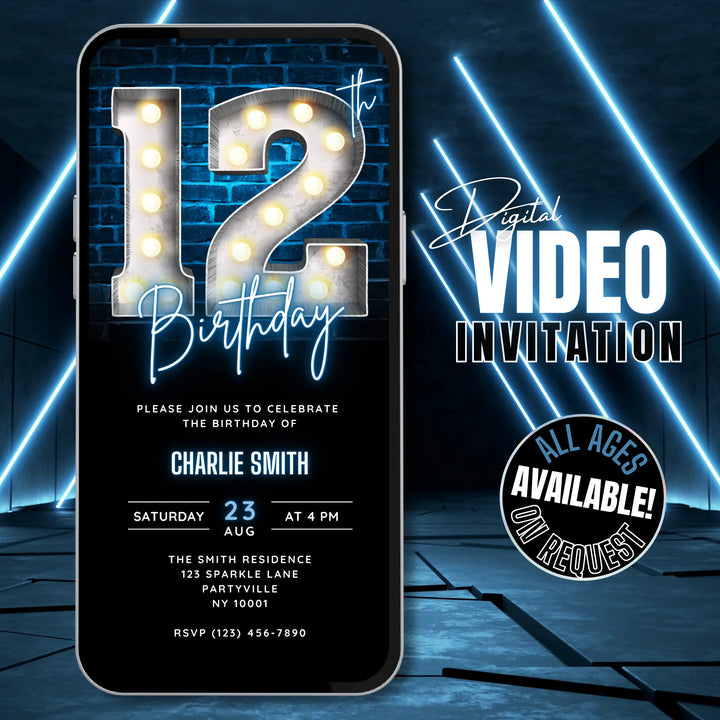 Neon Blue 12th Birthday Invitation | Digital Party Invite | Editable Canva Template