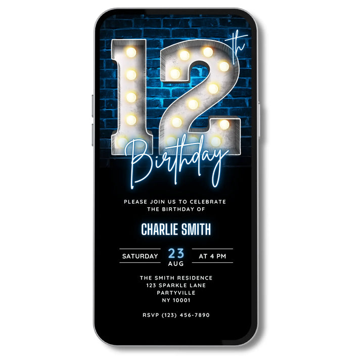 Neon Blue 12th Birthday Invitation | Digital Party Invite | Editable Canva Template