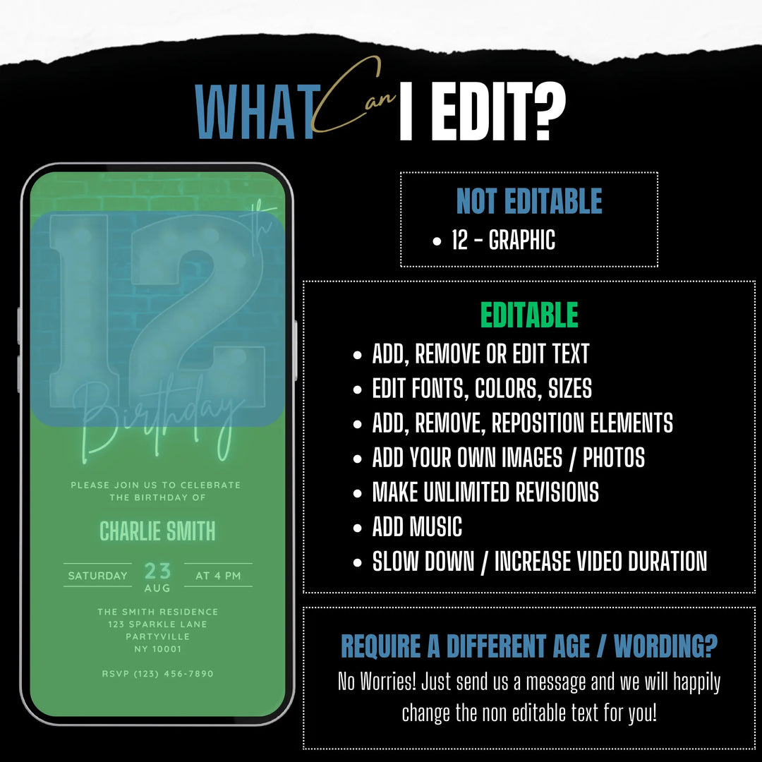 Neon Blue 12th Birthday Invitation | Digital Party Invite | Editable Canva Template