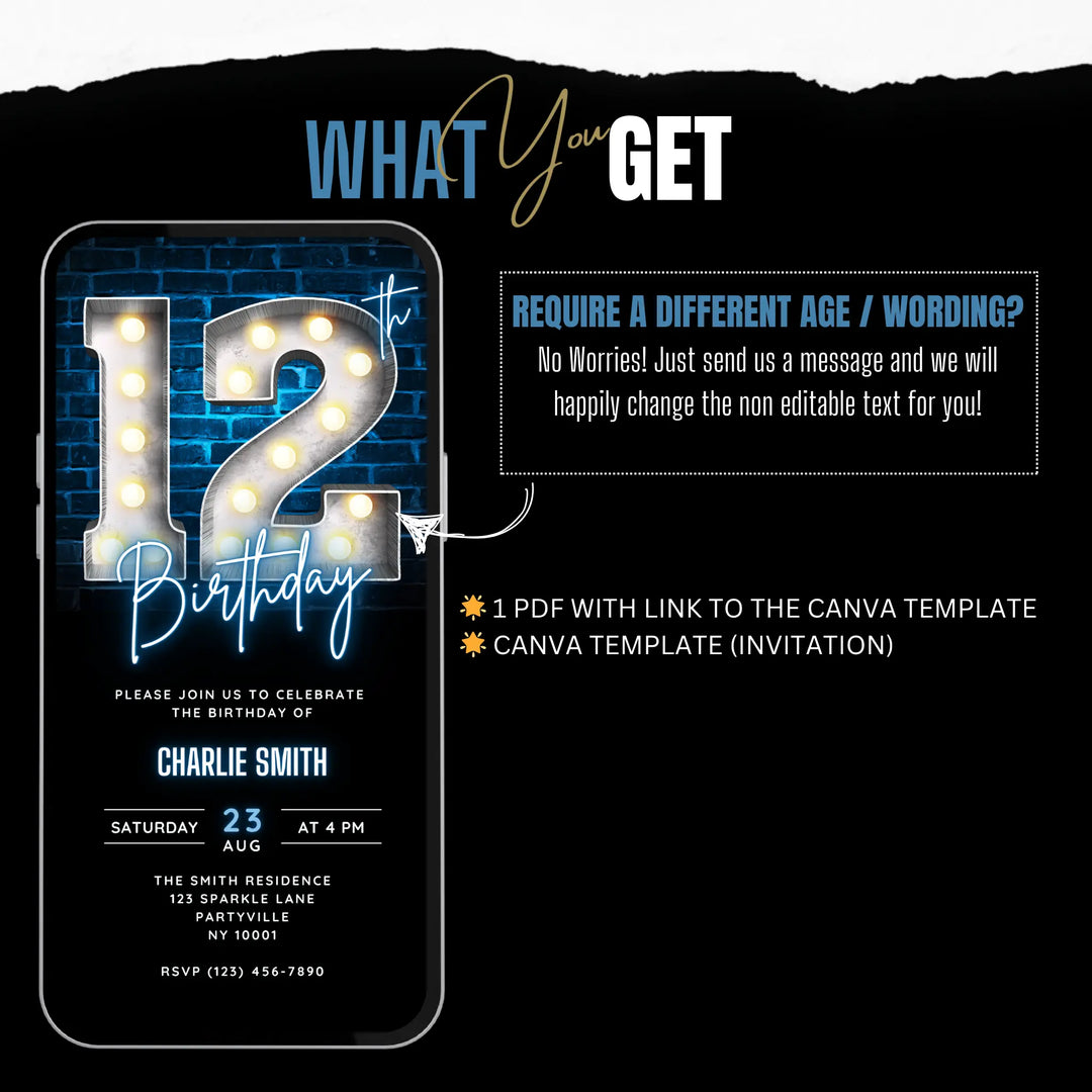 Neon Blue 12th Birthday Invitation | Digital Party Invite | Editable Canva Template