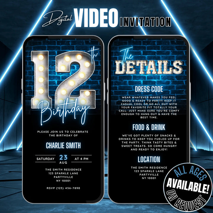 Blue 12th Birthday Invitation | Tween Party Invite | Digital Editable Canva Template