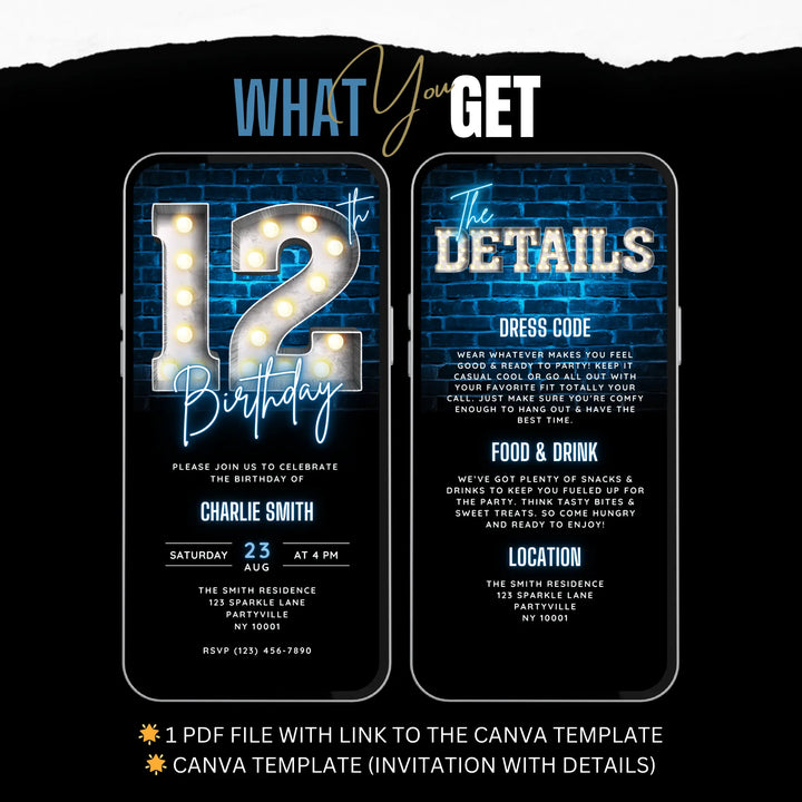 Blue 12th Birthday Invitation | Tween Party Invite | Digital Editable Canva Template