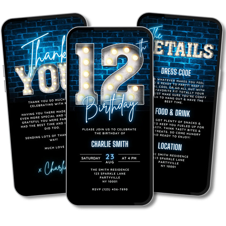 Neon Blue 12th Birthday Invitation | Digital Bday Party Invite for Boys | Editable Canva Template