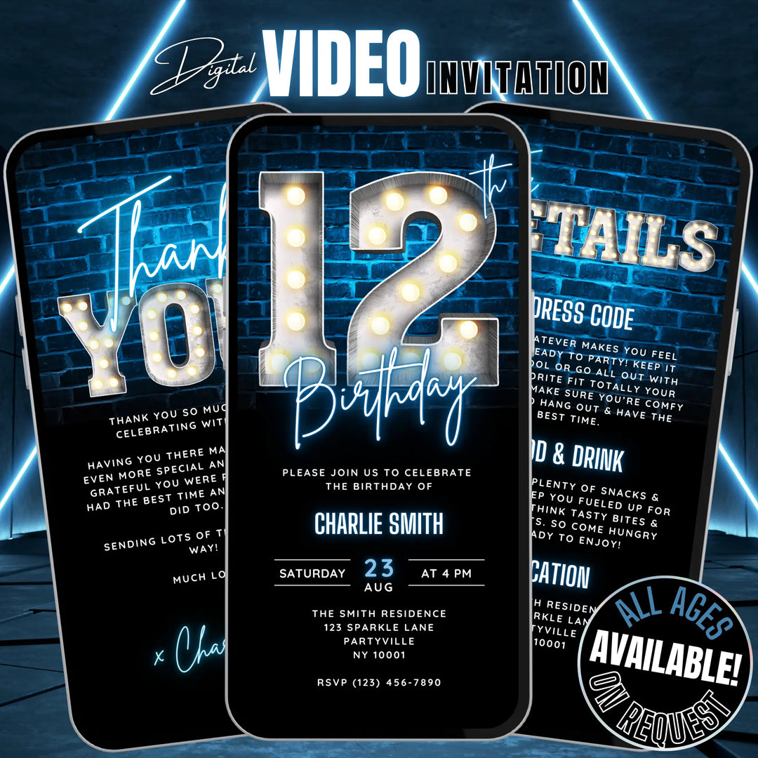 Neon Blue 12th Birthday Invitation | Digital Bday Party Invite for Boys | Editable Canva Template