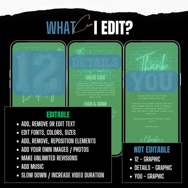 Neon Blue 12th Birthday Invitation | Digital Bday Party Invite for Boys | Editable Canva Template