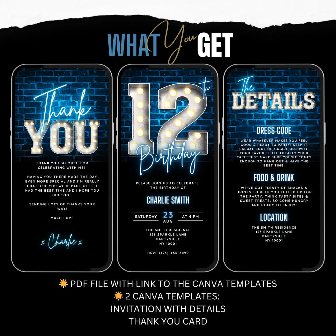 Neon Blue 12th Birthday Invitation | Digital Bday Party Invite for Boys | Editable Canva Template