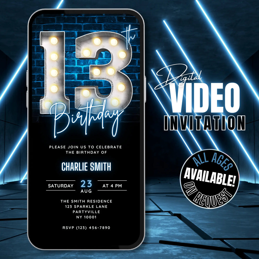 Neon Blue 13th Birthday Invitation | Digital Teenager Party Invite | Editable Canva Template