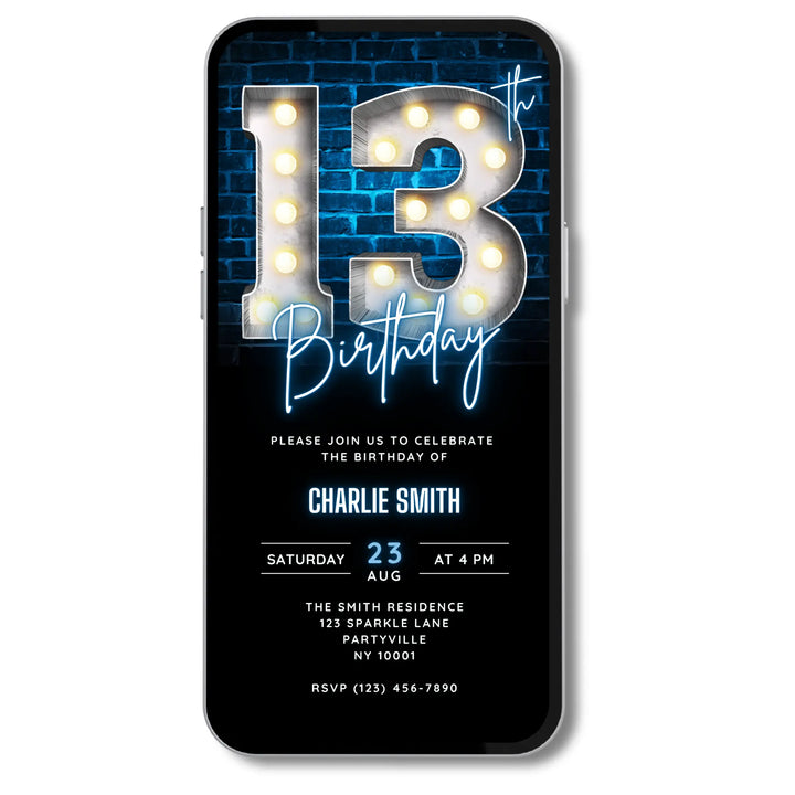Neon Blue 13th Birthday Invitation | Digital Teenager Party Invite | Editable Canva Template