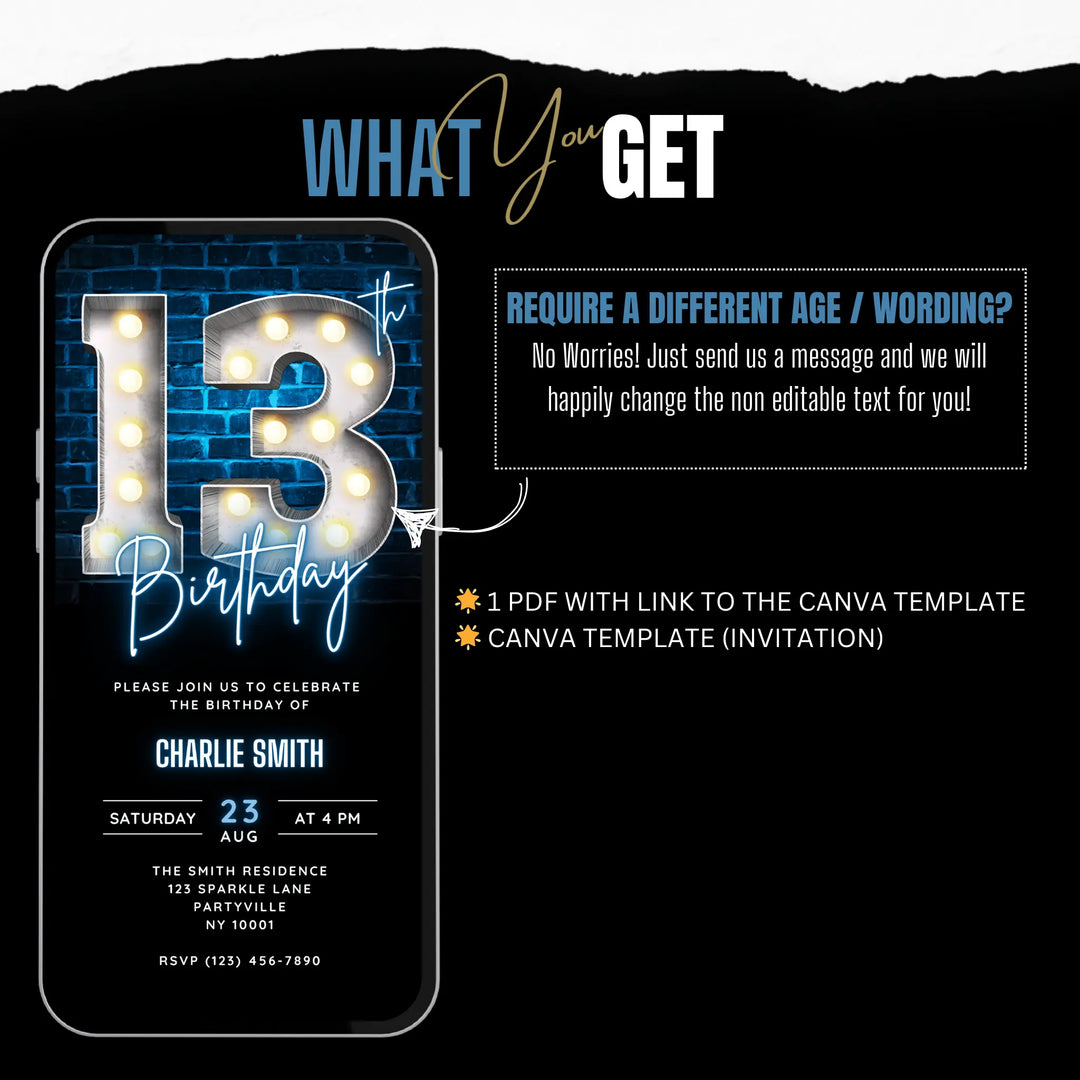 Neon Blue 13th Birthday Invitation | Digital Teenager Party Invite | Editable Canva Template