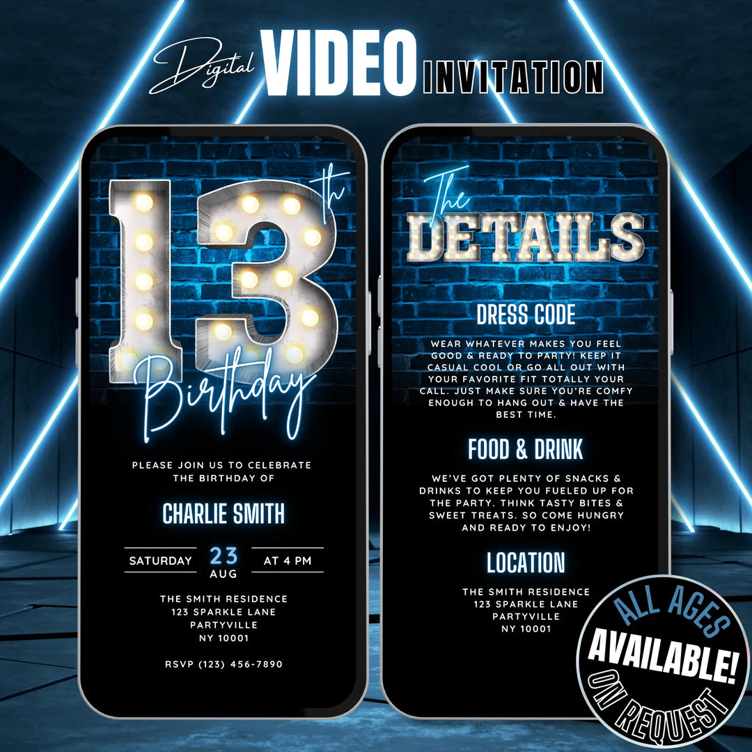 Blue 13th Birthday Invitation | Teenager Bday Party Invite | Digital Editable Canva Template