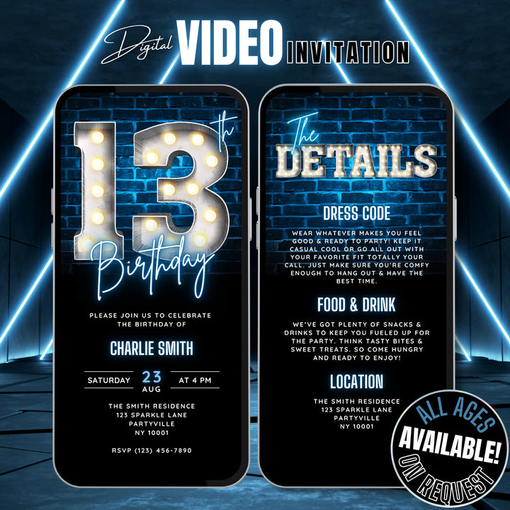 Blue 13th Birthday Invitation | Teenager Bday Party Invite | Digital Editable Canva Template