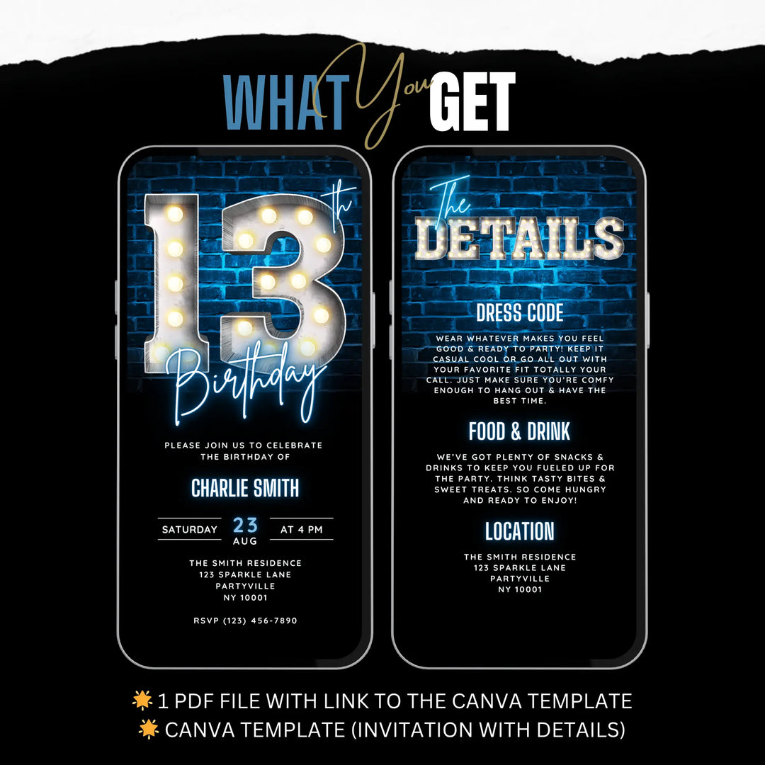 Blue 13th Birthday Invitation | Teenager Bday Party Invite | Digital Editable Canva Template