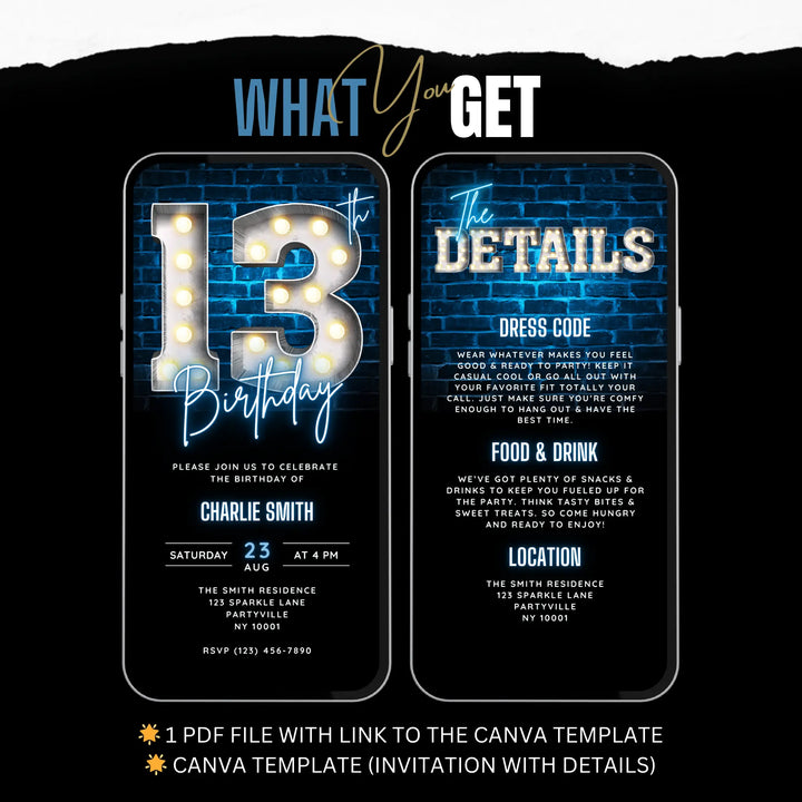 Blue 13th Birthday Invitation | Teenager Bday Party Invite | Digital Editable Canva Template
