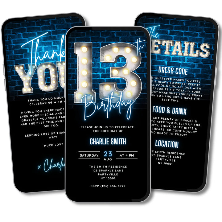 Neon Blue 13th Birthday Invitation | Digital Bday Bash Invite for Boys | Editable Canva Template