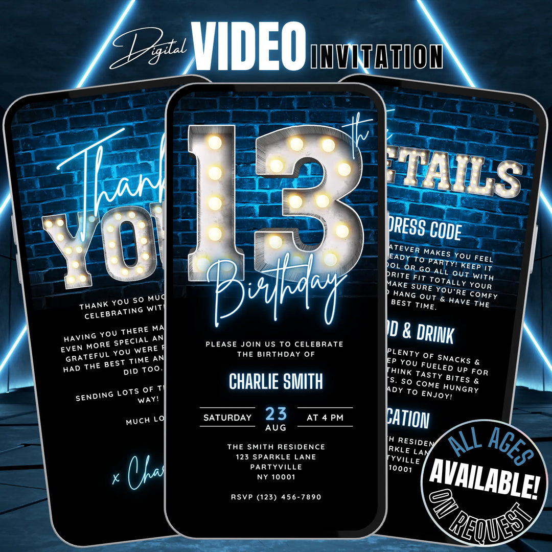 Neon Blue 13th Birthday Invitation | Digital Bday Bash Invite for Boys | Editable Canva Template