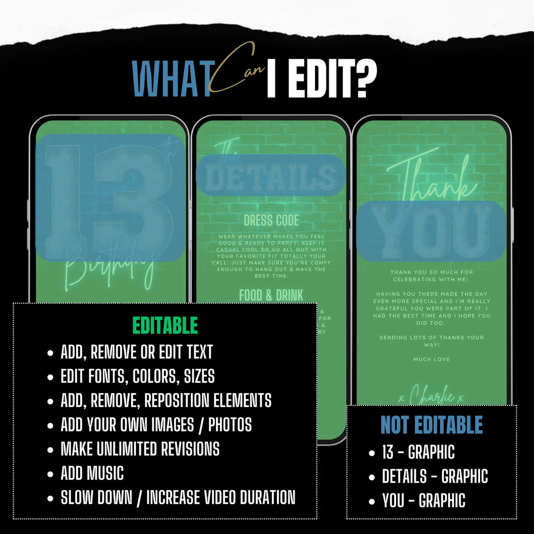 Neon Blue 13th Birthday Invitation | Digital Bday Bash Invite for Boys | Editable Canva Template