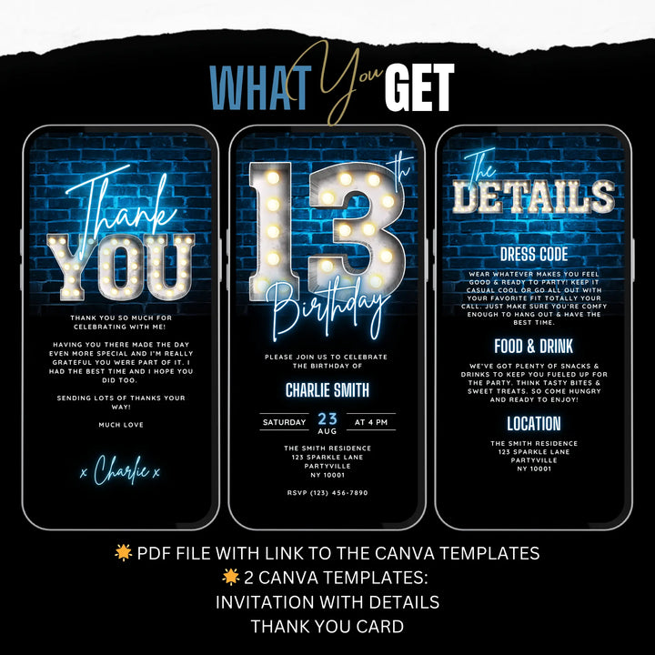 Neon Blue 13th Birthday Invitation | Digital Bday Bash Invite for Boys | Editable Canva Template