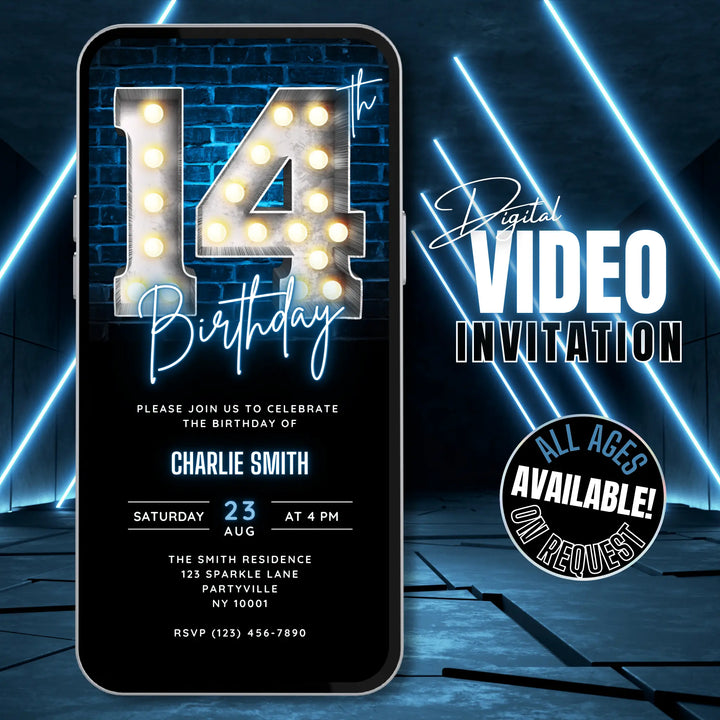Neon Blue 14th Birthday Invitation | Digital 14th Video Invite | Editable Canva Template