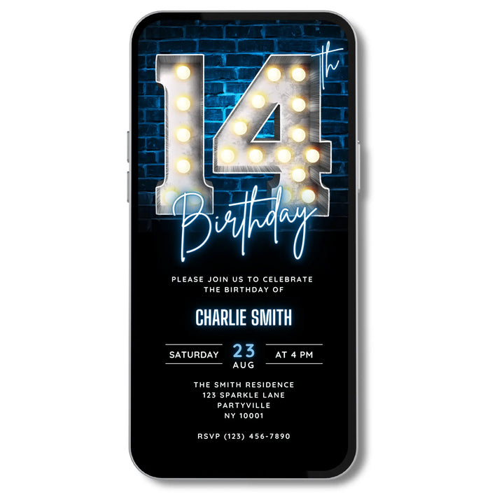 Neon Blue 14th Birthday Invitation | Digital 14th Video Invite | Editable Canva Template