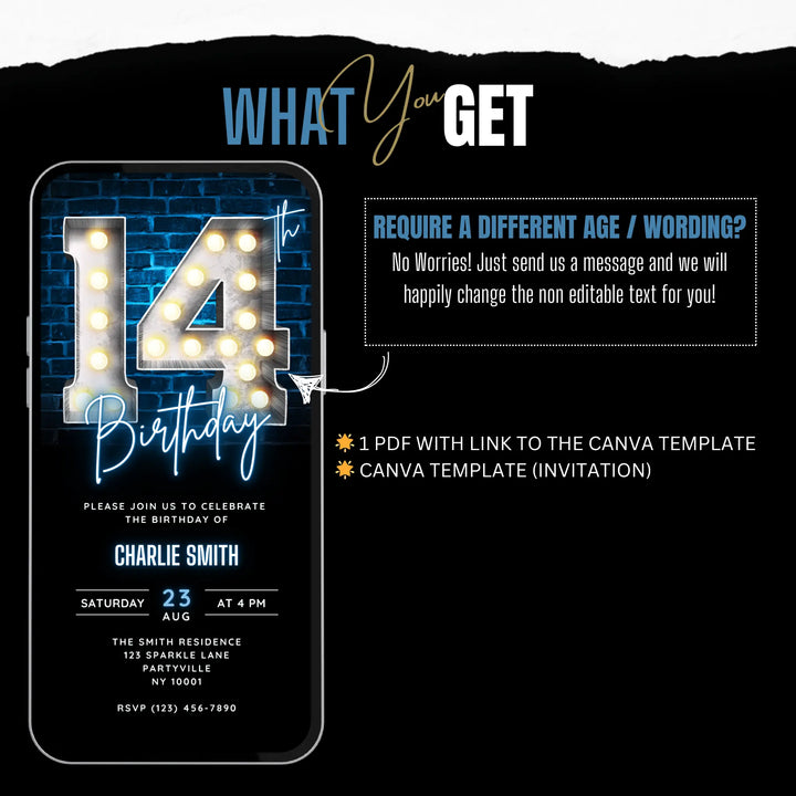 Neon Blue 14th Birthday Invitation | Digital 14th Video Invite | Editable Canva Template