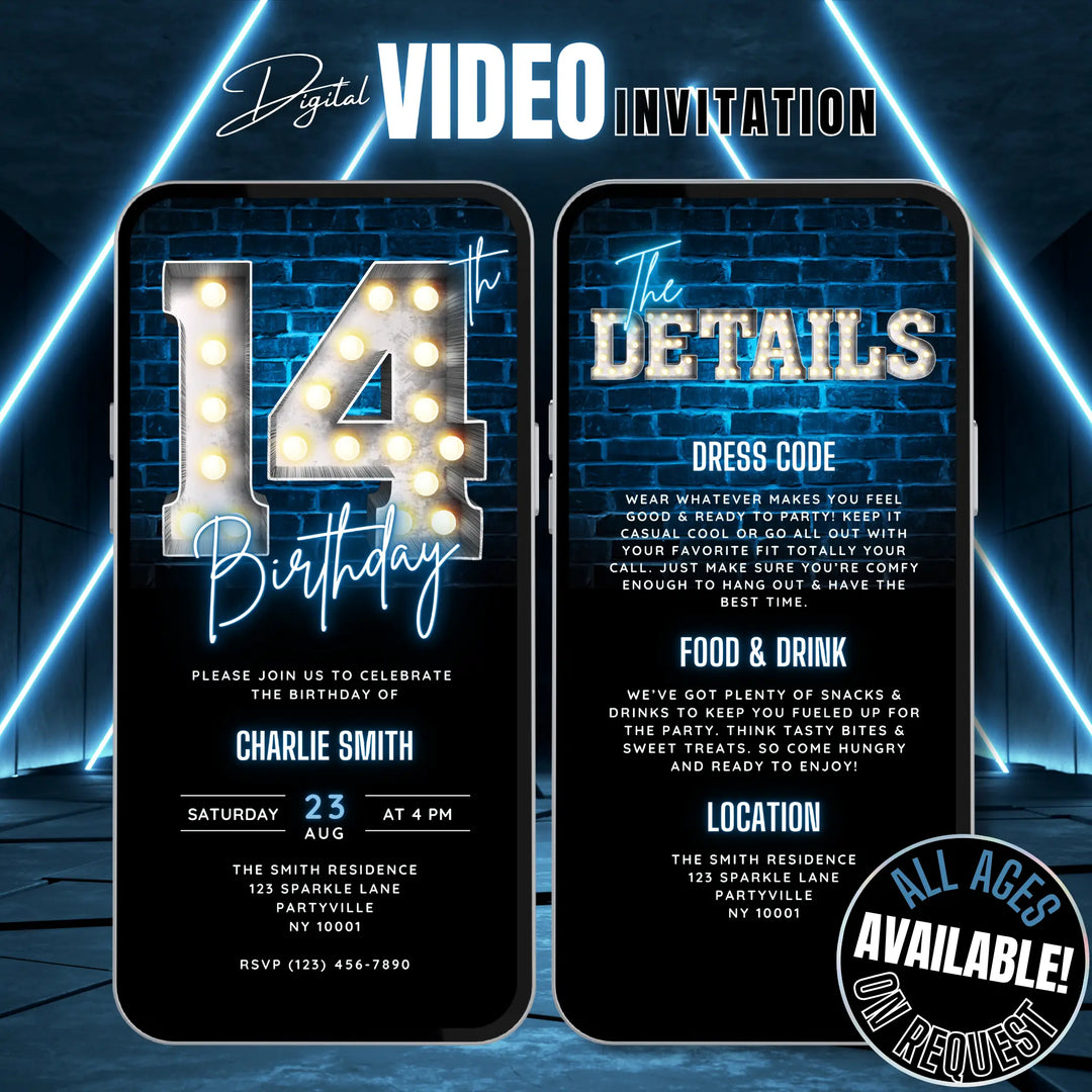Blue 14th Birthday Invitation | Teenager Video Invite | Digital Editable Canva Template