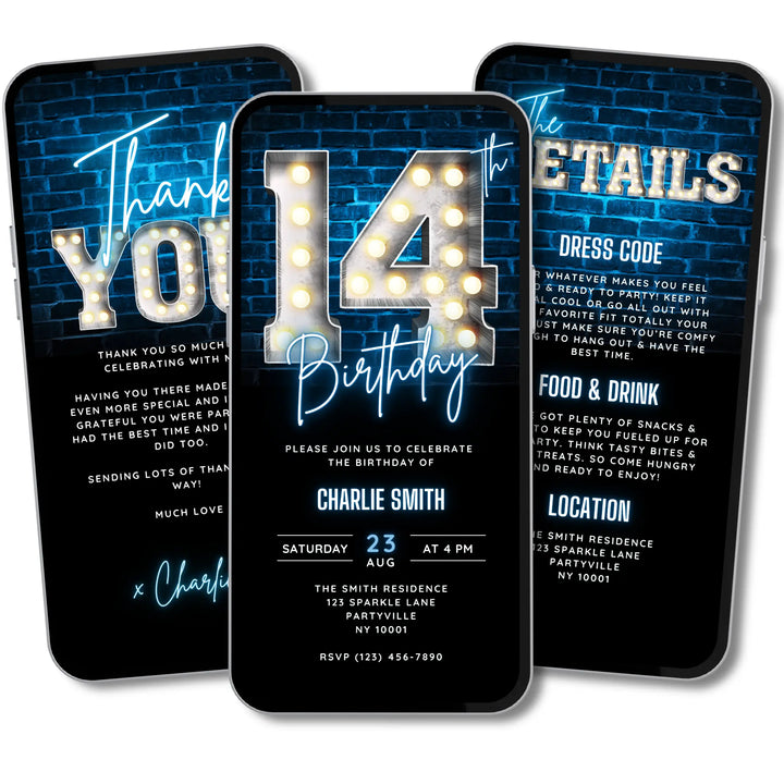 Neon Blue 14th Birthday Invitation | Digital Video Invite for Boys | Editable Canva Template