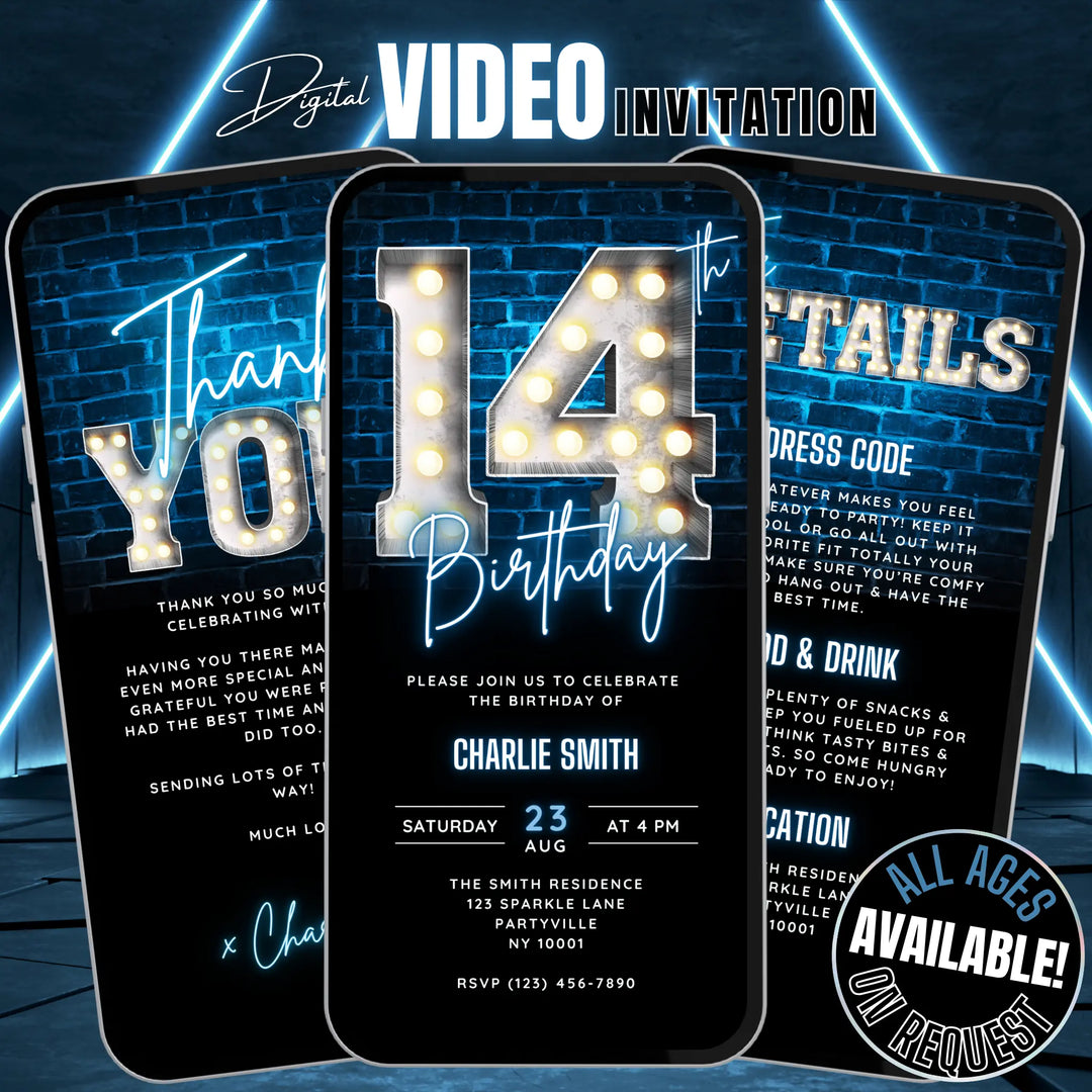 Neon Blue 14th Birthday Invitation | Digital Video Invite for Boys | Editable Canva Template