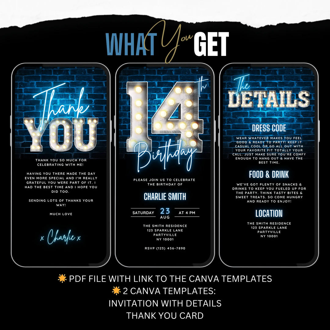 Neon Blue 14th Birthday Invitation | Digital Video Invite for Boys | Editable Canva Template